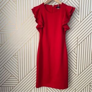 Tommy Hilfiger Red Scuba ruffle Double Ruffle Flutter
Sleeve Sheath Dress 6